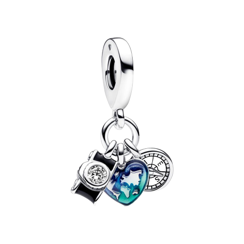 Charm Colgante Triple Cámara, Corazón y Brújula