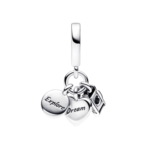 Charm Colgante Triple Cámara, Corazón y Brújula