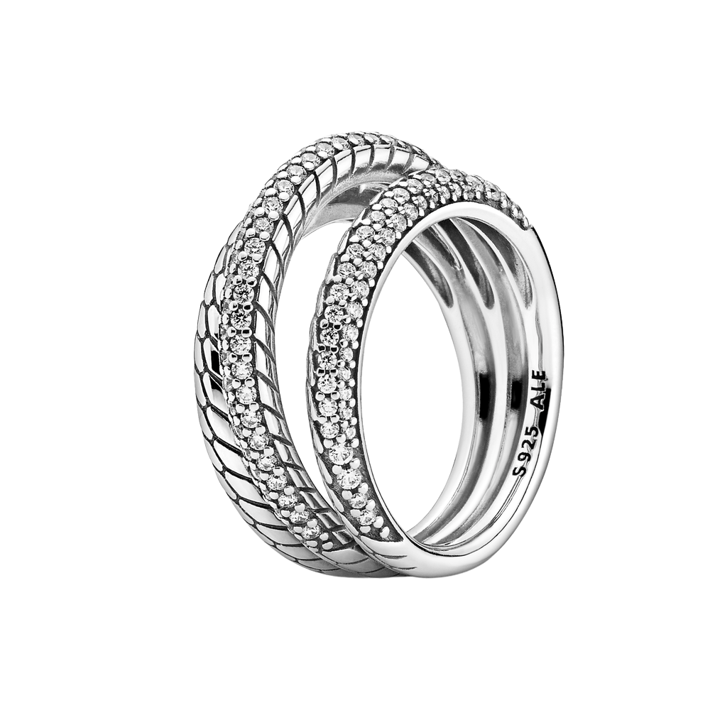 Anillo Triple Diseño Cadena de Serpiente en Pavé