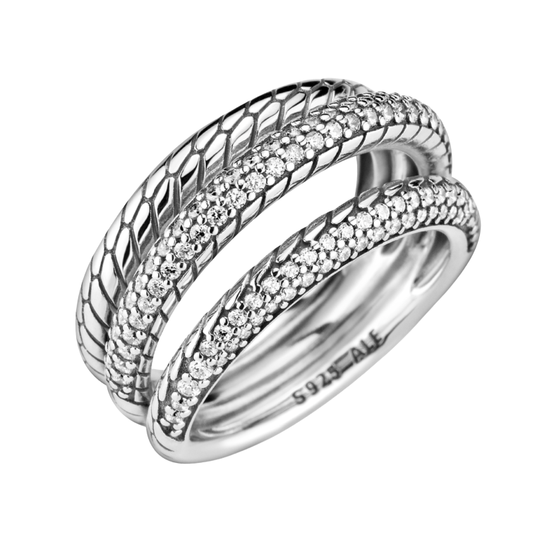 Anillo Triple Diseño Cadena de Serpiente en Pavé